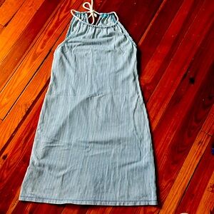 J Mclaughlin blue/white striped cotton halter dress with rope tie. Size M